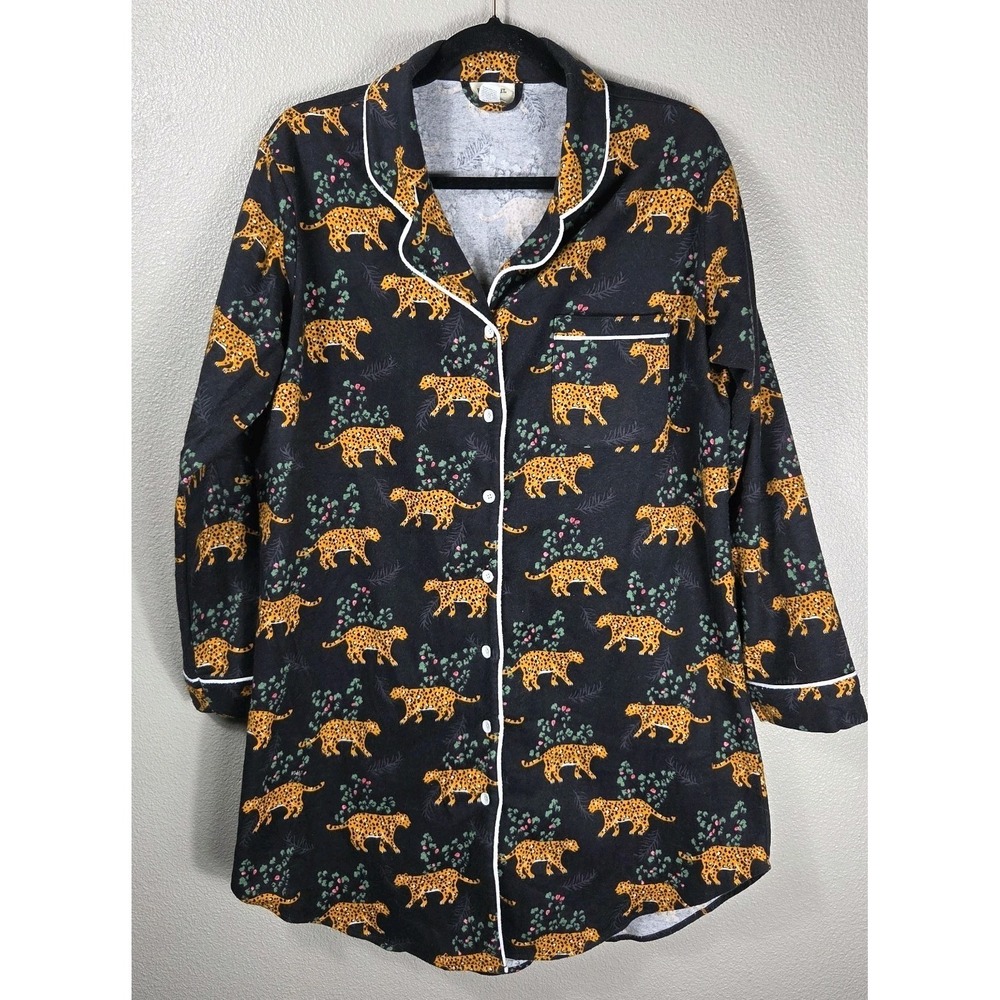 World Market Leopard Print Cotton Pajama Sleep Shirt S/M Button‎ Front Nightgown